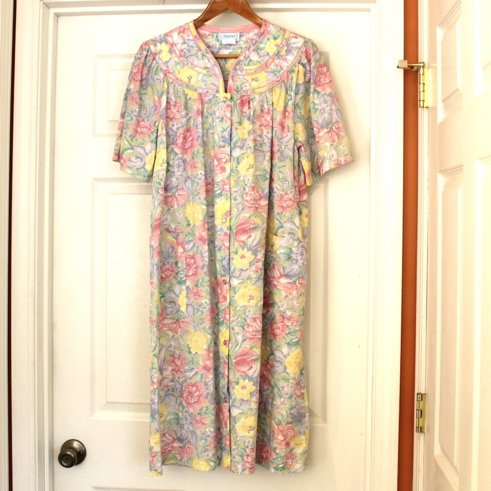 Vintage Women's M Floral Pearl Snap Nightgown Housecoat Pockets Shortsleeve